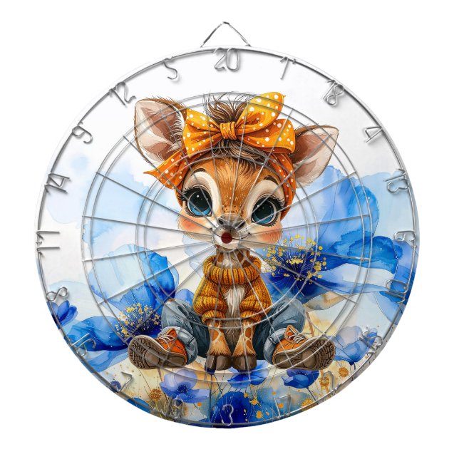 Giraffe mit gepunkteter Fliege blaue Mohnblumen Dartscheibe (vorne)