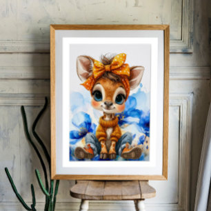 Giraffe mit gepunkteter Schleife blaue Mohnblumen Poster