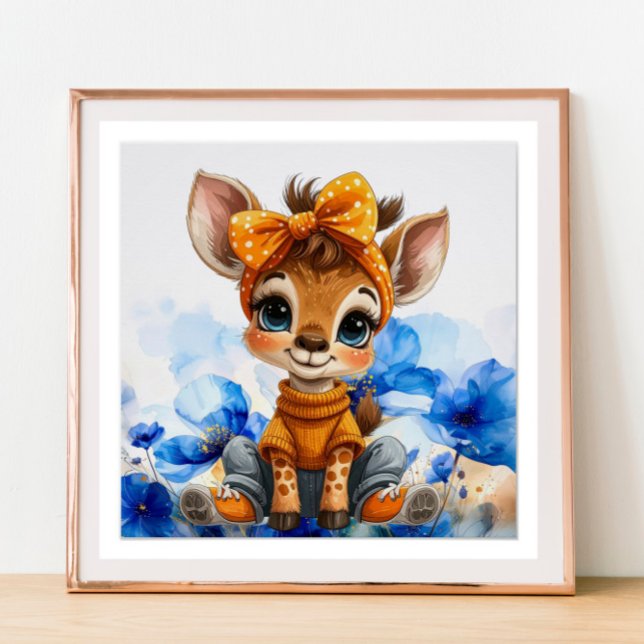 Giraffe mit gepunkteter Schleife blaue Mohnblumen Poster (Von Creator hochgeladen)