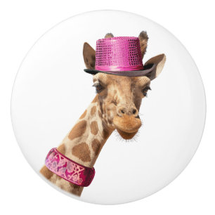 Giraffe mit glänzendem rosa Hut Keramikknauf