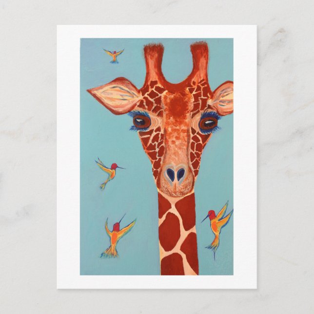 Giraffe mit Kolibris Postkarte (Vorderseite)