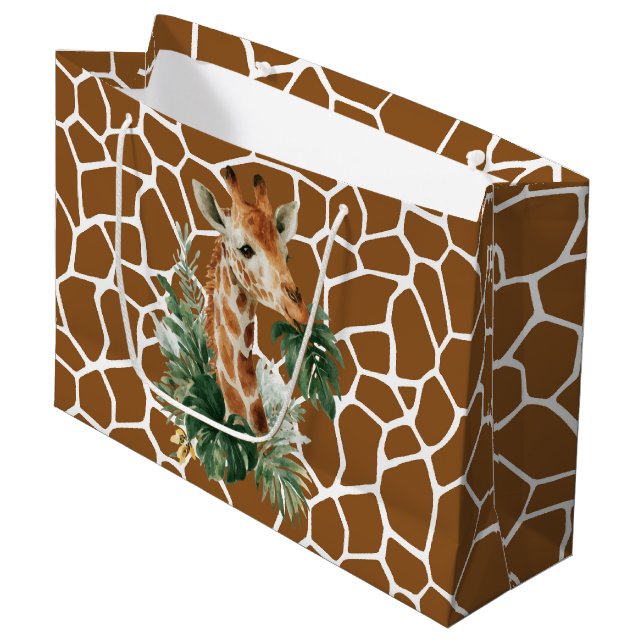 Giraffe mit Palmen Große Geschenktüte (Vorderseite Schrägansicht)