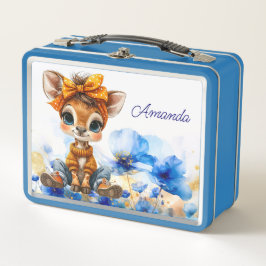 Giraffe mit Punkten-Schleife blaue Mohnblumen benu Metall Brotdose