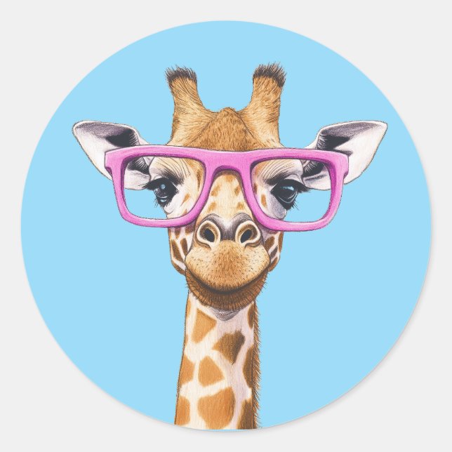 Giraffe mit rosa Brillen Aufkleber blau Hintergrun (Vorderseite)