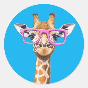 Giraffe mit rosa Brillen Aufkleber blau Hintergrun