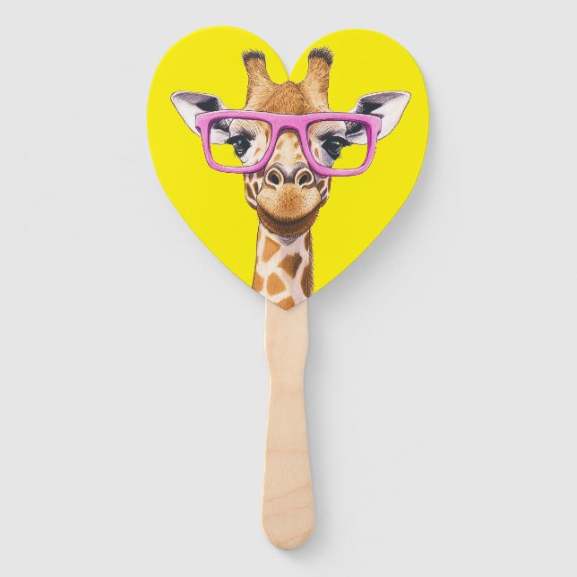 Giraffe mit rosa Brillenfavors (gelb bg) Fächer (Vorderseite)