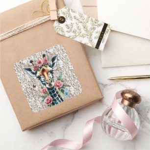 Giraffe mit rosa Rosen und Vintager Spitze Quadratischer Aufkleber