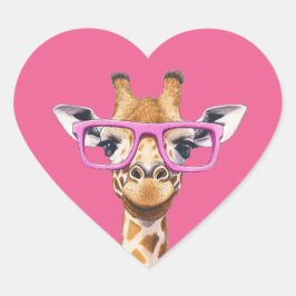 Giraffe mit rosafarbener Brille Rosa Hintergrund Herz-Aufkleber