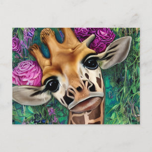 Giraffe mit Rose und Wasserfarbe Postkarte