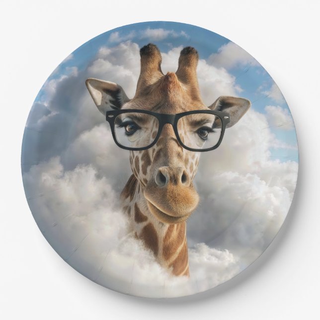Giraffe mit schwarzer Brille in der Wolke Pappteller (Vorderseite)