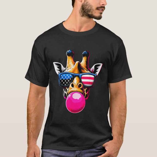 Giraffe mit US-Brille und Bubblegum 4. Juli T-Shirt (Vorderseite)