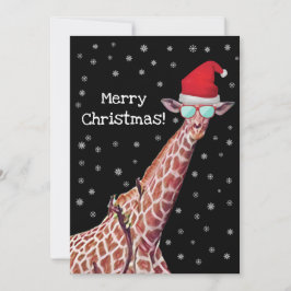 Giraffe mit Weihnachtsmannmütze und Schnee Frohe W Feiertagskarte