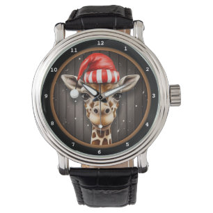 Giraffe mit Weihnachtsmütze Porträt Armbanduhr