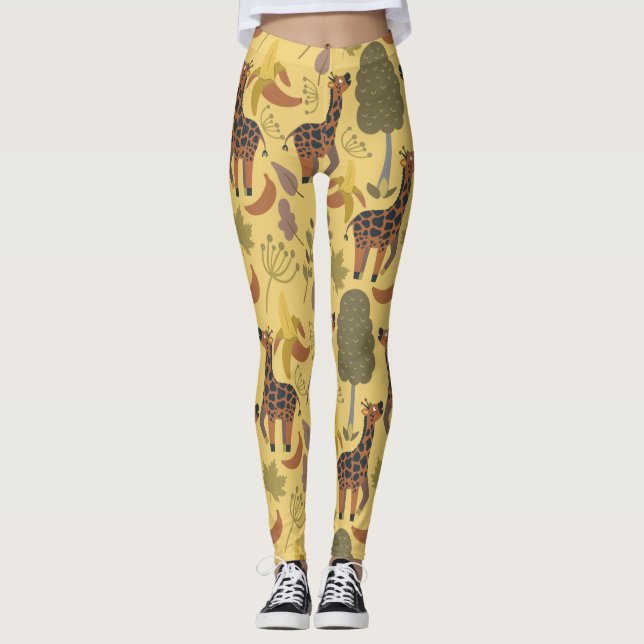 Giraffe nahtloses Muster, gelber Hintergrund Leggings (Vorderseite)