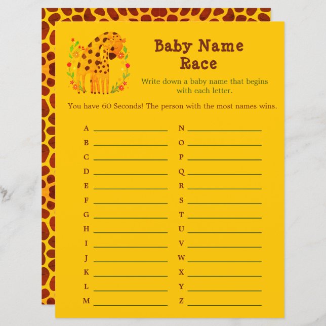 Giraffe Name Dash - A to Z Baby Shower Game (Vorne/Hinten)