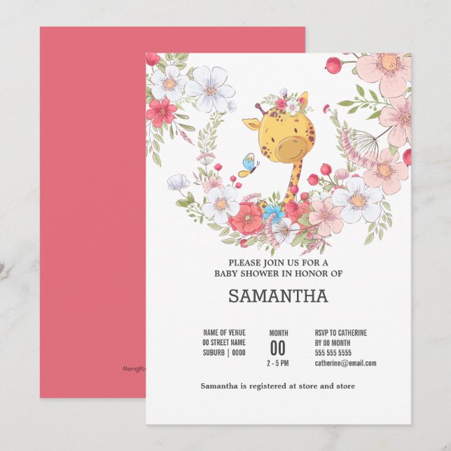 Giraffe niedlicher Schmetterlingskranz Einladung (Vorne/Hinten)