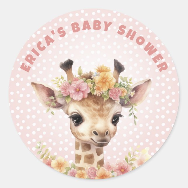 Giraffe Pink Baby Girl Dusche Sprinkle Wilder Dsch Runder Aufkleber (Vorderseite)
