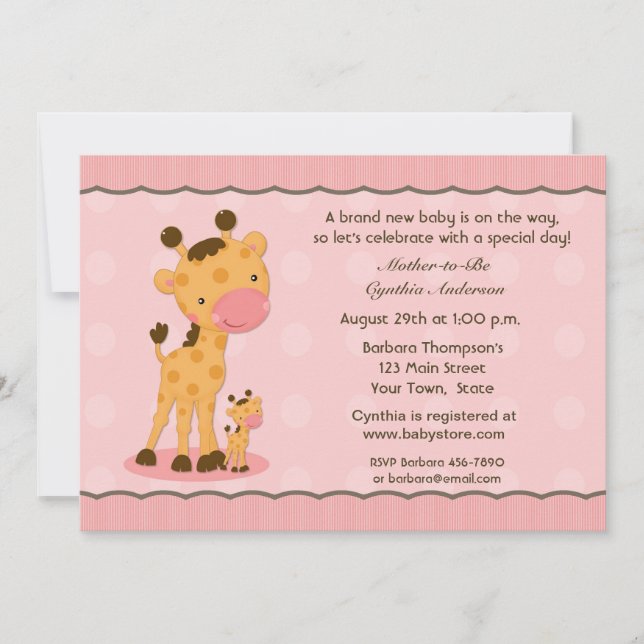 Giraffe, Pink Dots Kinderdusche Einladung (Vorderseite)