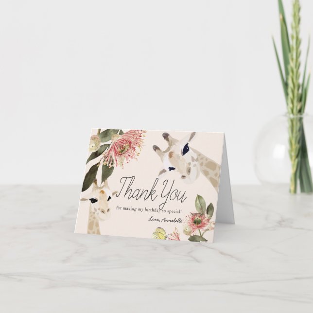 Giraffe Pink Floral Girl 1. Geburtstag Dankeskarte (Vorderseite)