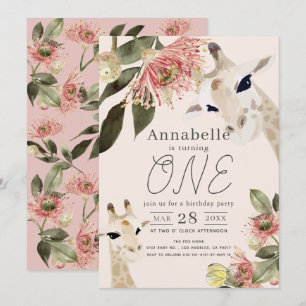 Giraffe Pink Floral Girl 1. Geburtstag Einladung