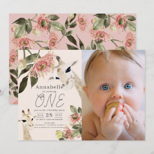Giraffe Pink Floral Girl 1. Geburtstag Foto Einladung