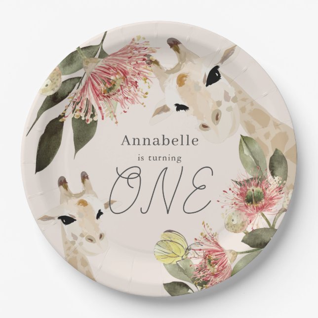 Giraffe Pink Floral Girl 1. Geburtstag Pappteller (Vorderseite)