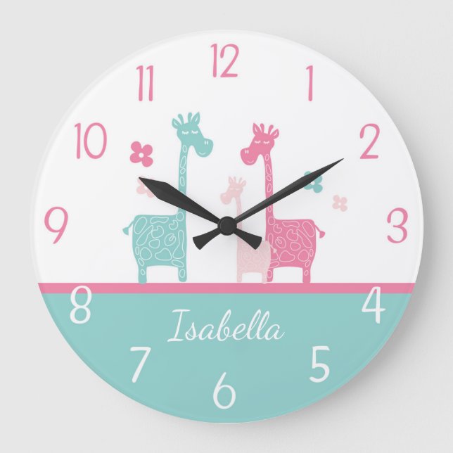 Giraffe Pink Mint Aqua Aquamarin Wall Clock Große Wanduhr (Vorderseite)