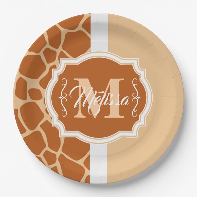 Giraffe Print Monogram Pappteller (Vorderseite)