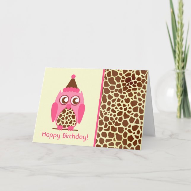 Giraffe Print & Pink Owl Geburtskarte Karte (Vorderseite)
