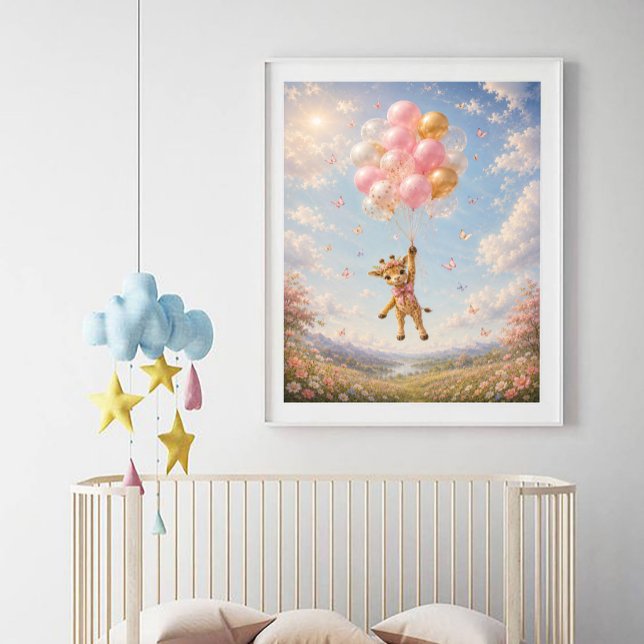 Giraffe rosa schwebende Blumenballons  Poster (Von Creator hochgeladen)