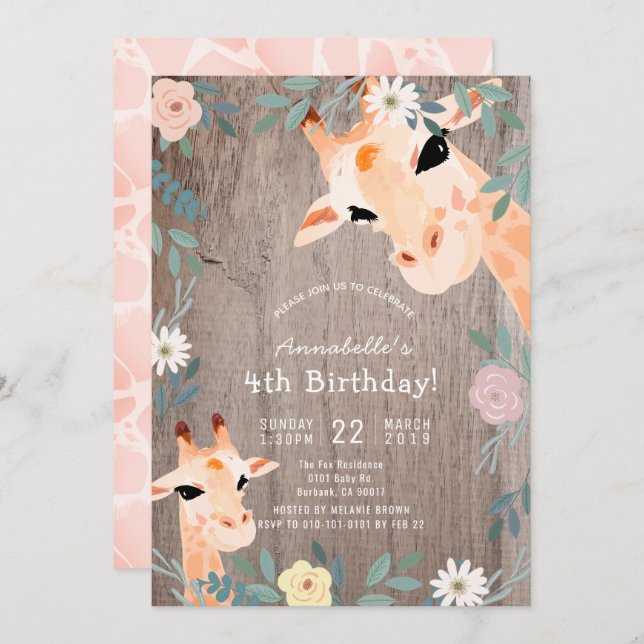 Giraffe Rustic Wood Pink Floral Geburtstag Einladung (Vorne/Hinten)