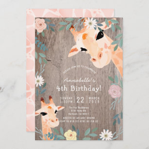 Giraffe Rustic Wood Pink Floral Geburtstag Einladung