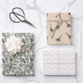 Giraffe Safari Tier Botanischer Gemusterter Geburt Geschenkpapier Set