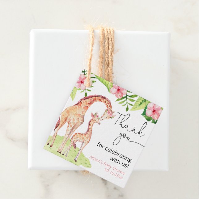 Giraffe Safari tropische, rosa grüne Babydusche Geschenkanhänger (Beispiel)