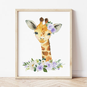 Giraffe, Safari, violette Blumen, neutrale Geschle Fotodruck