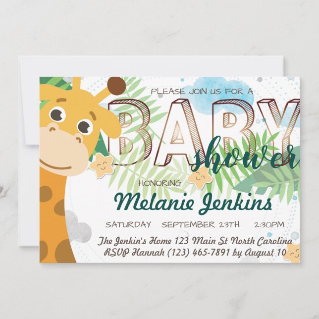 Giraffe schöne Dschungel Babydusche Einladung (Vorderseite)