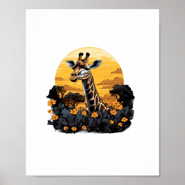 Giraffe Sonnenuntergang Florale Tierkunst Savanne  Poster (Vorne)