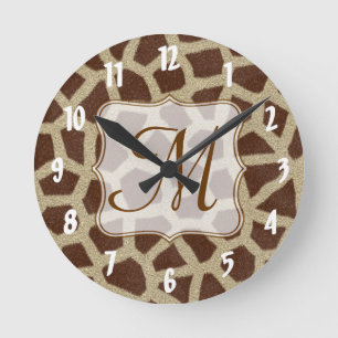 Giraffe Spot Animal Monogram Initial Wall Clock Runde Wanduhr