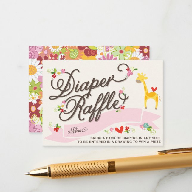 Giraffe Spring Flowers Diaper Raffle Ticket Card Begleitkarte (Vorderseite/Rückseite Beispiel)