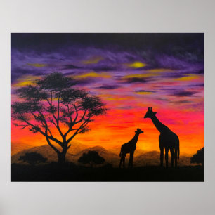 Giraffe Sunset Giraffe Landschaftlich Art Poster P
