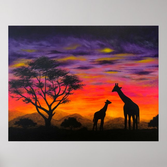 Giraffe Sunset Giraffe Landschaftlich Art Poster P (Vorne)