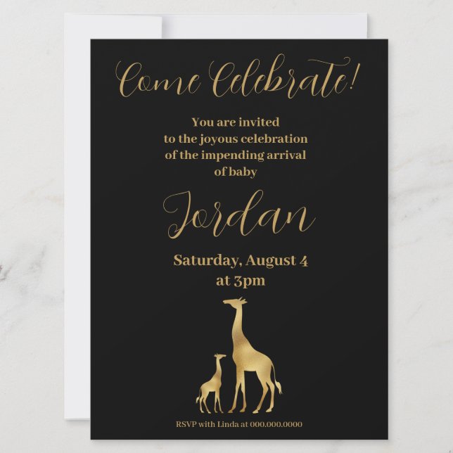 Giraffe Theme Baby Shower Black and Gold Einladung (Vorderseite)
