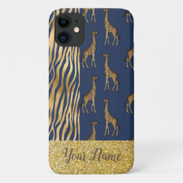 Giraffe & Tiger Print Gold Glitzer Blauer Name Case-Mate iPhone Hülle