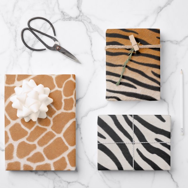Giraffe Tiger & Zebra Fur Realistische Tierdrucke Geschenkpapier Set (Vorderseite)