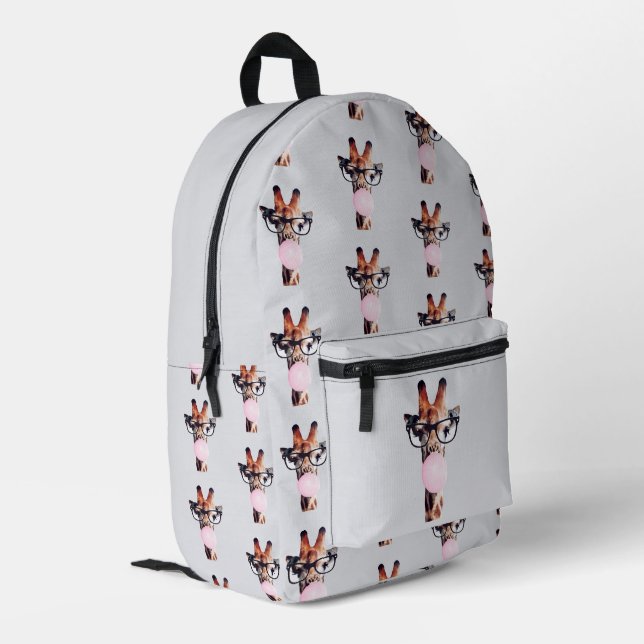 Giraffe Tragend Brillen Blasen Pink Bubble gum Bedruckter Rucksack (Rückseitige Ecke links)