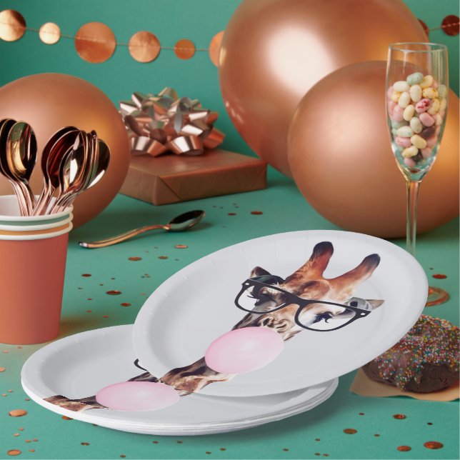 Giraffe Tragend Brillen Blasen Pink Bubble gum Pappteller (Multi)