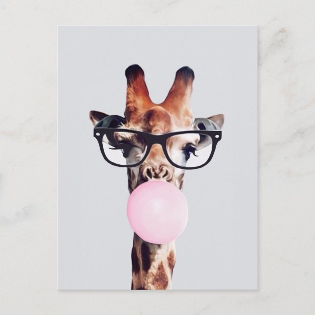 Giraffe Tragend Brillen Blasen Pink Bubble gum Postkarte (Vorderseite)