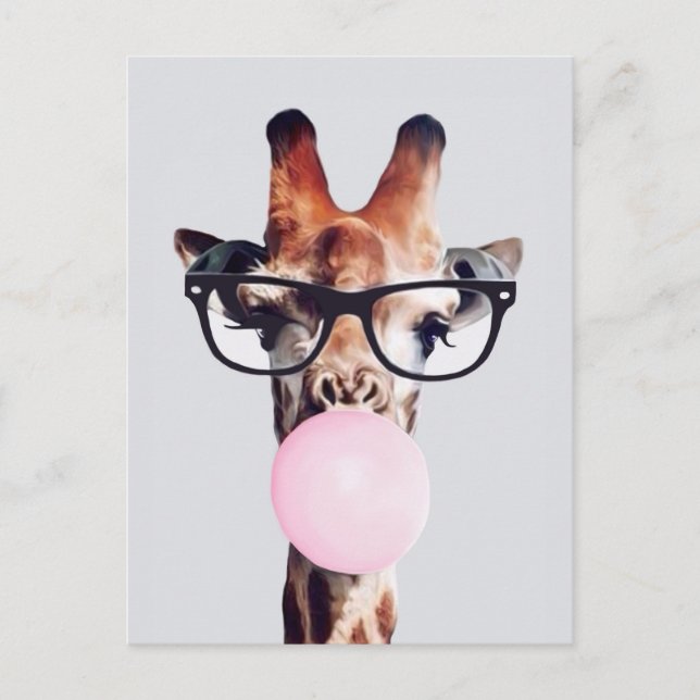 Giraffe Tragend Brillen Blasen Pink Bubble gum Postkarte (Vorderseite)