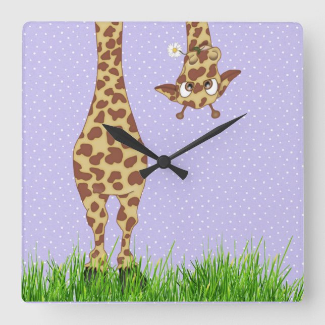 Giraffe und Daisy auf Polka Dots Quadratische Wanduhr (Vorderseite)