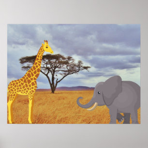 Giraffe und Elefant in der Safari Poster